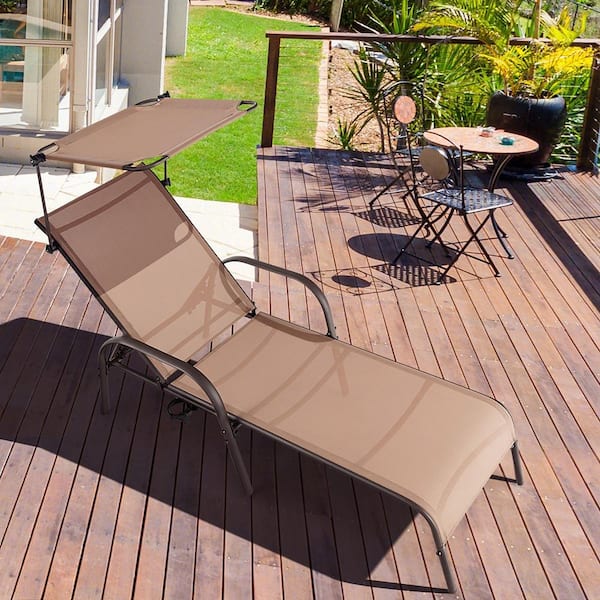 Patio Heavy-Duty Chaise Lounge 5-Level Adjustable Outdoor Recliner Canopy Cup