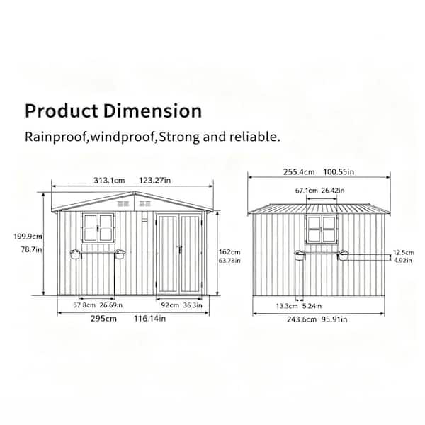 その他 DIMENSIONS Tenleaf 10 ft. W x 8 ft. D Gray Metal Shed with Window & Flower