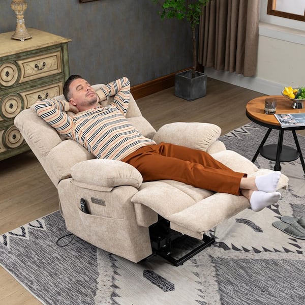 Beige High Back Chenille Power Lift Recliner Chair with 8-Point Vibration Massage and Lumbar Heating