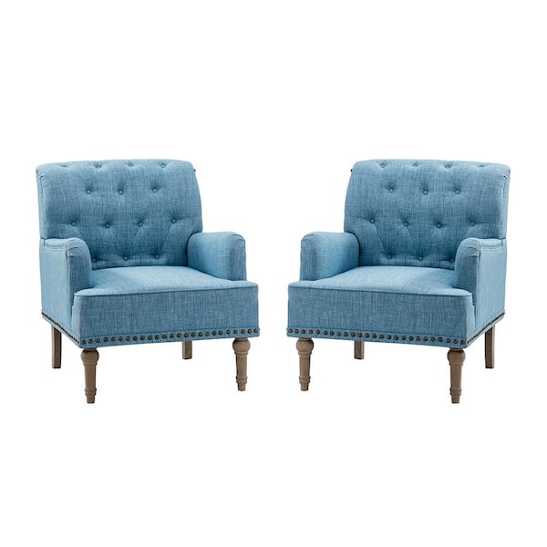 JAYDEN CREATION Leobarda Classic Traditional Blue Tufted Armchair with Nailhead Trim and Solid Wood Legs (Set of 2)