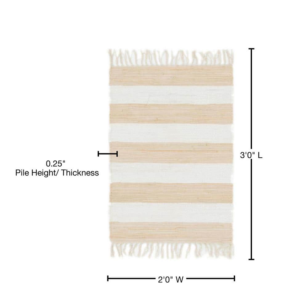 Beige and Ivory Striped Cotton Fringe Accent Rug 2' x 3'