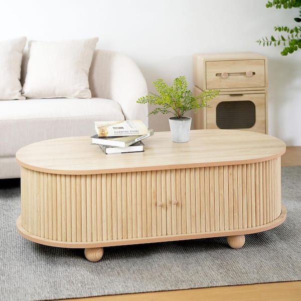 Grayson 47.24 in. Natural Oval MDF Coffee Table with Sliding Doors, Storage Shelf
