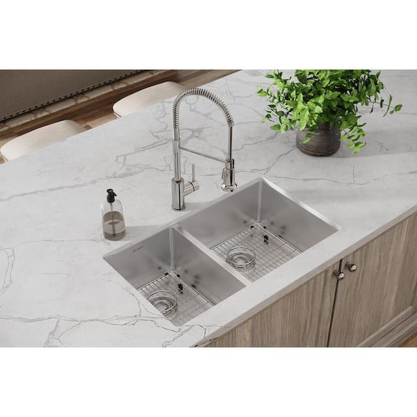 Crosstown 32 in. Undermount Double Bowl 18 G Polished Satin Stainless Steel Kitchen Sink Kit w/ Faucet and Accessories