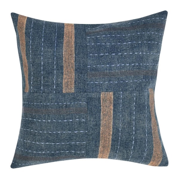 Rijo Denim Blue Hand Embroidery Feather 5 in. X 22 in. Throw Pillow