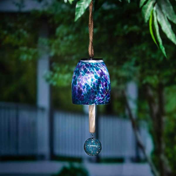 Evergreen 6 in. Solar Artisan Purple Speckled Glass Garden Bell Chime