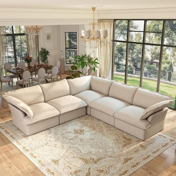 Wide Deep Seat 123 in. Flared Arm 5-Piece Down Filled Linen V-shaped Modular Sectional Sofa Corner Cloud Couch in. Beige