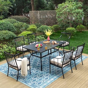 7-Piece Metal Patio Outdoor Dining Set with Rectangle Table and Stylish Arm Chairs with Beige Cushion