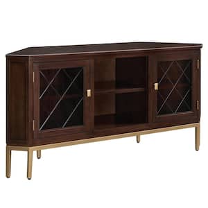 57 in. Chocolate Corner TV Stand with Gold Metal Base for 62 in. TV's