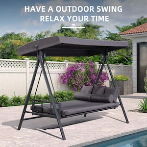 3-Seat Daybed Outdoor Porch Patio Swing Adjustable Backrest, Gray