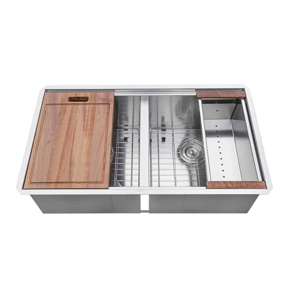 Ruvati Parmi Undermount 32.25-in x 18.875-in Brushed Stainless Steel Double  Offset Bowl Kitchen Sink in the Kitchen Sinks department at