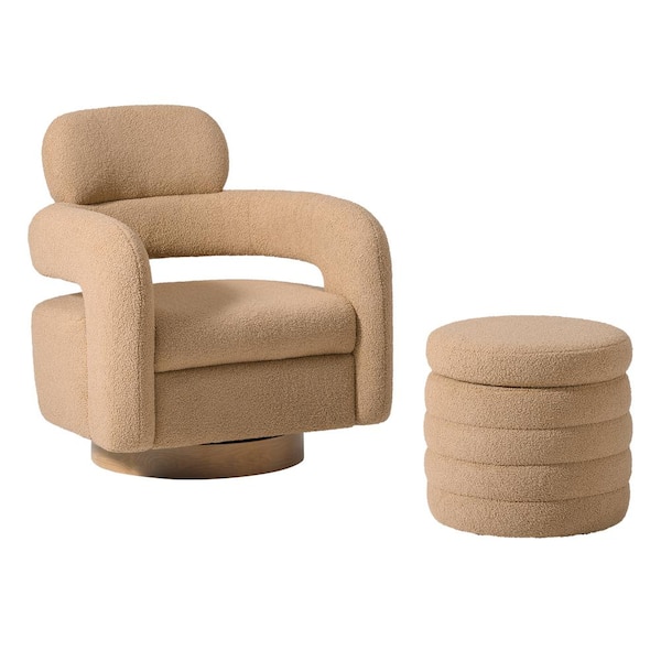 WESTINFURNITURE Bayville Modern 2-Piece Sherpa Swivel Accent Chair Set with Round Storage Footstool Ottoman in Camel
