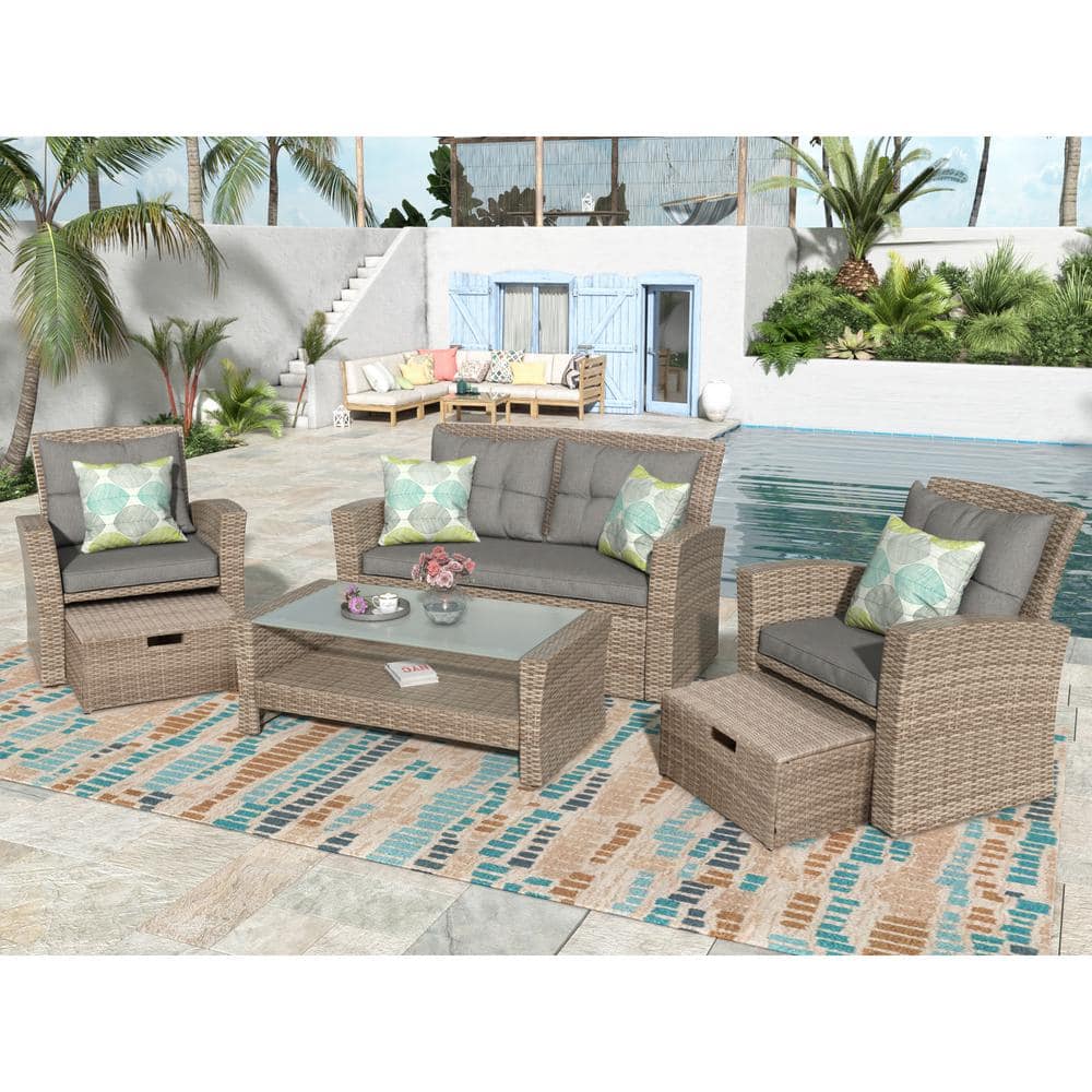 4 Piece Wicker Outdoor Conversation Set, U Shape Patio Furniture Set, Secti