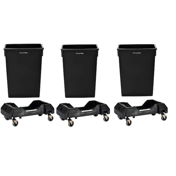 Alpine Industries 23 Gal. Black Waste Basket Vented Commercial Trash Can and Dolly (3-Pack)
