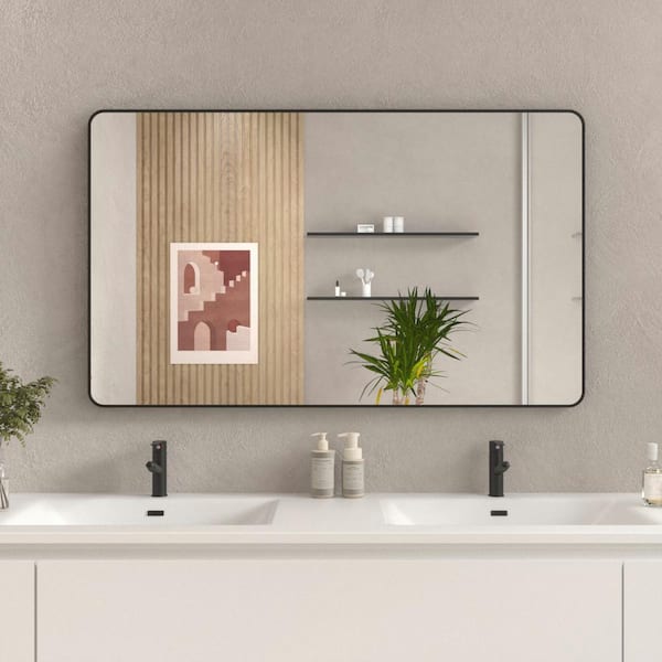 Unbranded Matte Black 60 in. W x 36 in. H Metal Framed Rounded Rectangle Bathroom Tempered Glass Wall Vanity Mirror, Anti-Rust