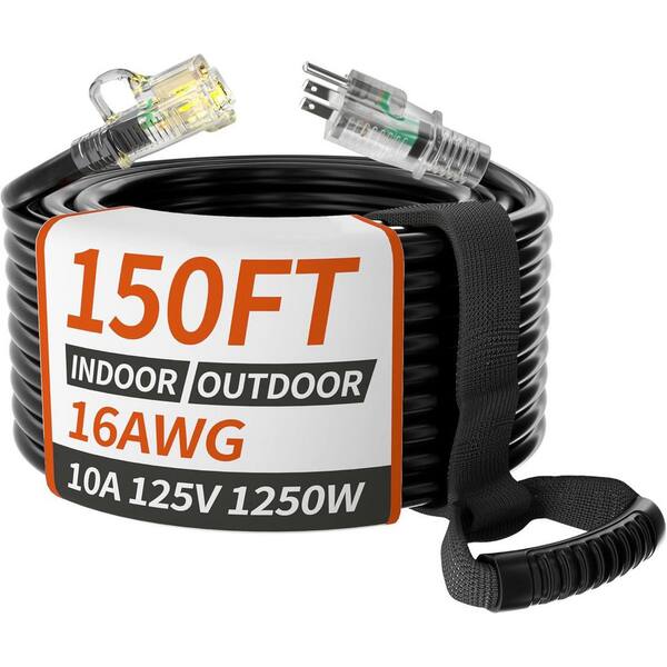 150 ft. 16/3 Gauge Waterproof Outdoor Extension Cord with Lighted End and Flexible Vinyl Black