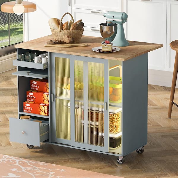 Blue Kitchen Island Cart with Drop Leaf, Kitchen Cart with LED Light and Storage Cabinet, Changeable Wheels or Feet