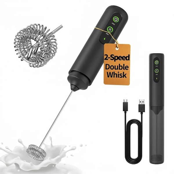 Stainless Steel Milk Frother Handheld Dual Coil Whisk Head 2-Speed Portable Mixer, Black
