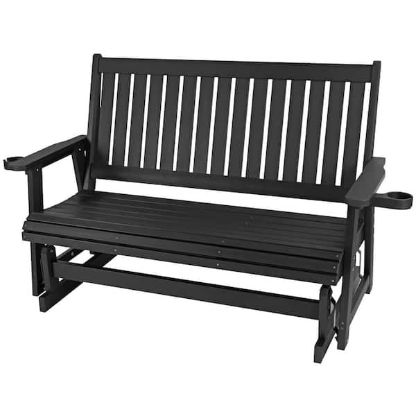 3-Person Poly Lumber Plastic Outdoor Glider with Deep Seat, High Backrest and Cup Holders, Heavy Duty 900 lbs., Black