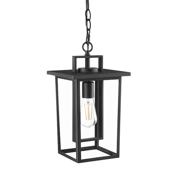 Hampton Bay Keswick 14.63 in. 1-Light Matte Black Outdoor Pendant Light with Clear Glass Shade