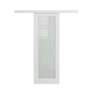 28 in. x 80 in. Hidden Track Style 1 Lite Frosted Glass White Primed MDF Sliding Barn Door with Hardware Kit
