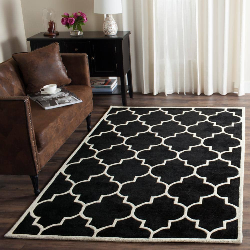 Ivory and Black Geometric Wool Handmade Runner Rug