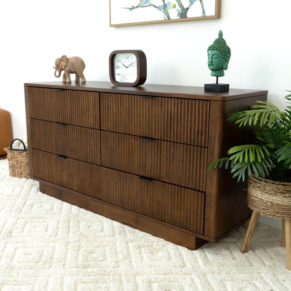 Walnut Brown Mid-Century Modern Solid Wood 6-Drawer Dresser