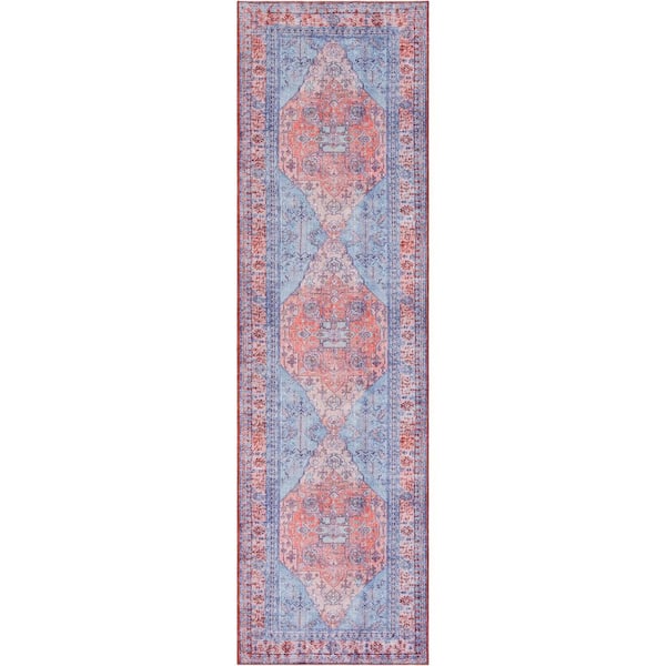Well Woven Nile Gila Vintage Bohemian Medallion Botanical Border Blue Red 2 ft. x 7 ft. Machine Washable Flatweave Runner Rug