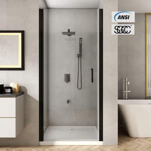 34 to 35-13/32 in. H Pivot Swing Frameless Shower Door in Black with Clear Glass