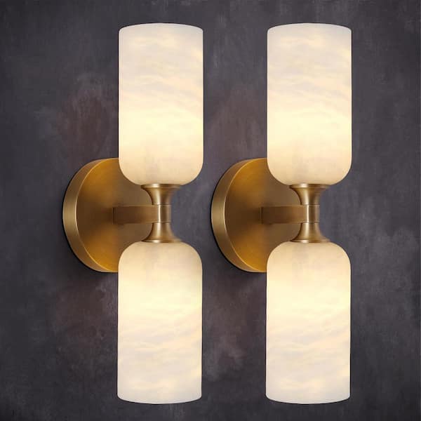 PUYRNF 14 in. 2 Light Antique Brass Wall Sconce Alabaster Modern Marble Bathroom Vanity Wall Sconce for Hallway Foyer (2-Piece)