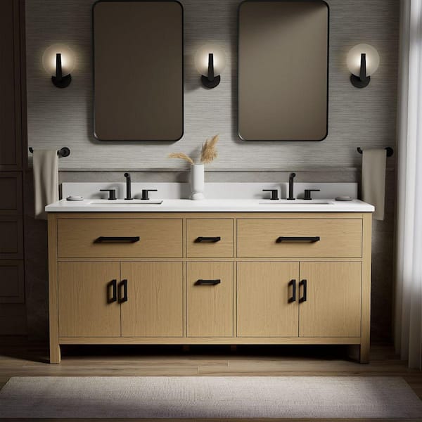 Kresla 73 in. Double Sink Freestanding Light Oak Bath Vanity with White Quartz Top Assembled