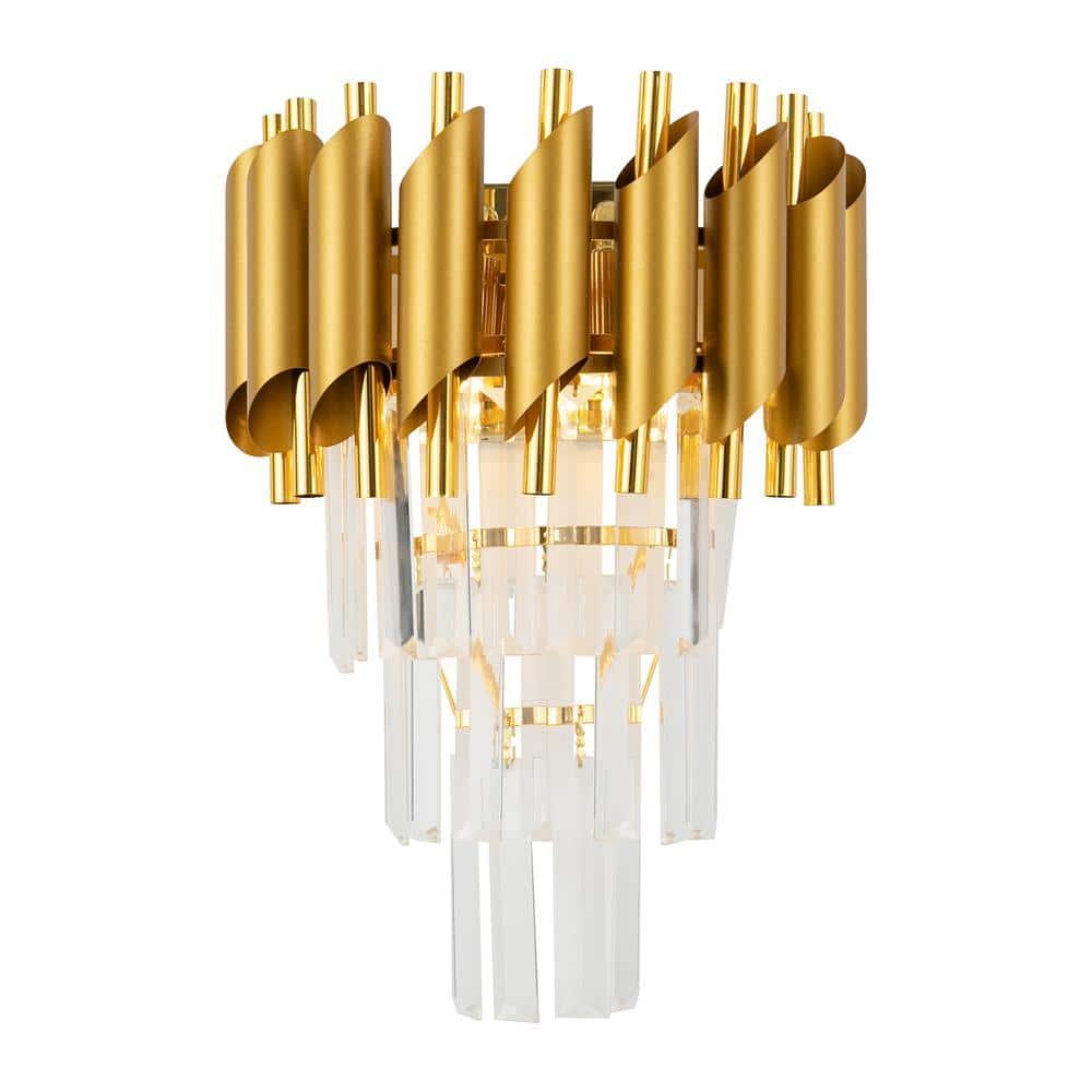 OUKANING 9.84 in. 2-Light Indoor Gold Modern Crystal Wall Light