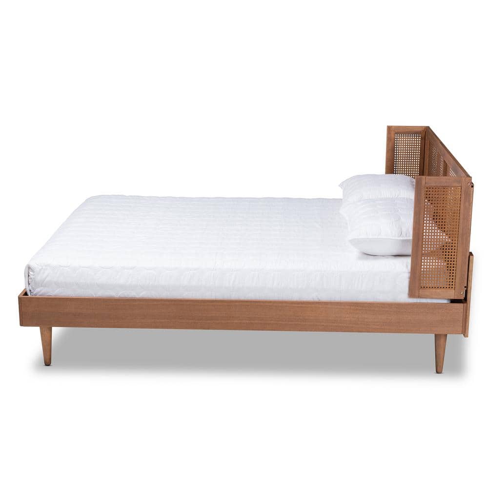 Mid-Century Walnut Queen Platform Bed with Synthetic Rattan Headboard