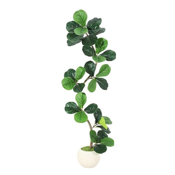 5 ft. Artificial Fiddle Leaf Fig Tree with White Planter,Faux Plants Indoor with Moss, Fake Rubber Tall Fake Floor Plant