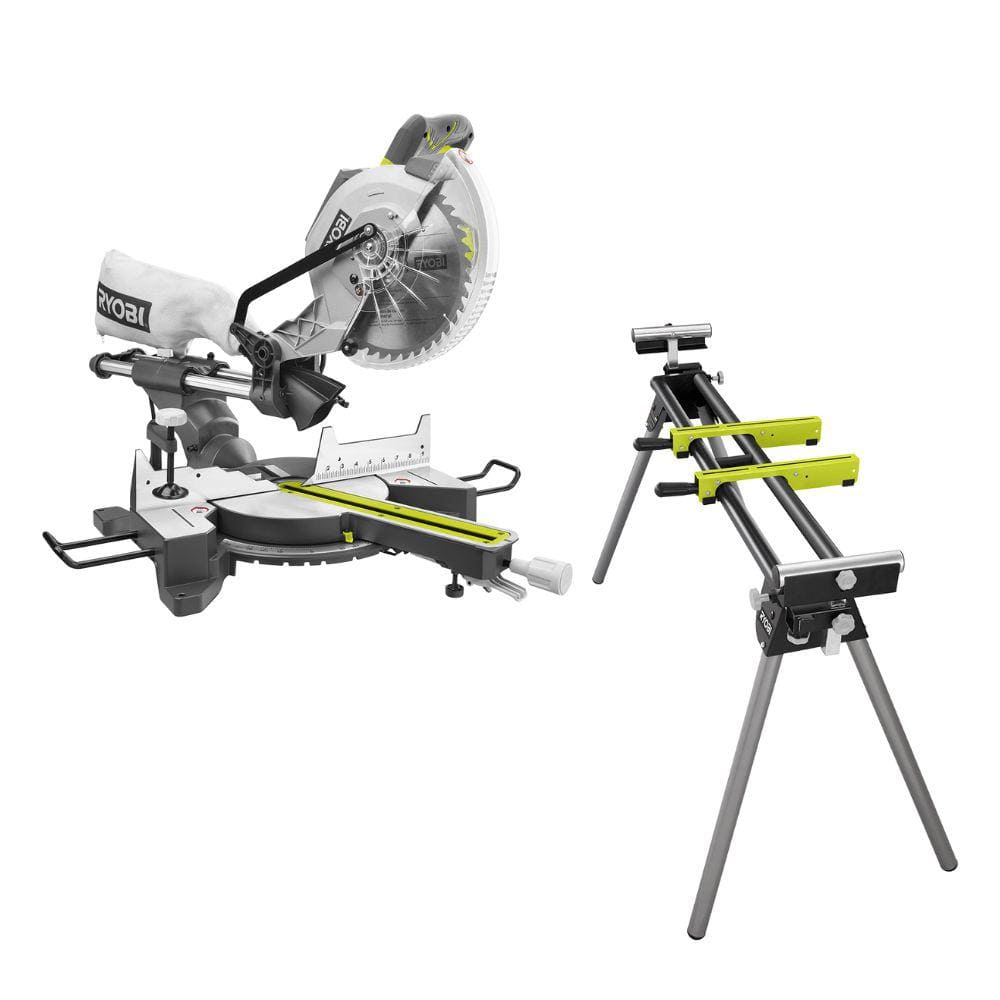 RYOBI 15 Amp 10 in. Corded Sliding Compound Miter Saw and Universal Miter  Saw QUICKSTAND TSS103-A18MS01G The Home Depot