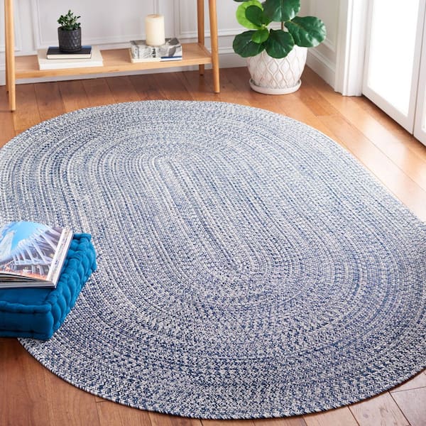 Braided Dark Blue/Ivory 6 ft. x 9 ft. Machine Washable Concentric Woven Oval Area Rug