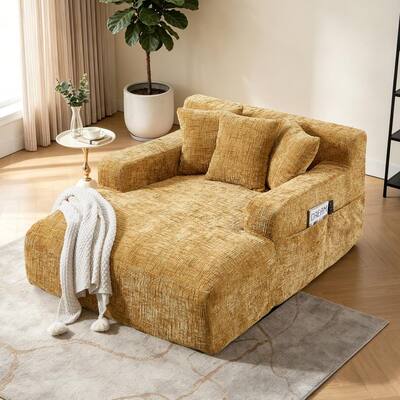 61 in. Modern Yellow Chenille Upholstered Oversized Chaise Lounge Chair Sleeper Sofa Couch with Armrests and 3-Pillows