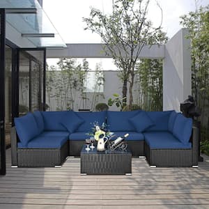 7-Piece Rattan Wicker Patio Conversation Set with Dark Blue Cushion and Pillow