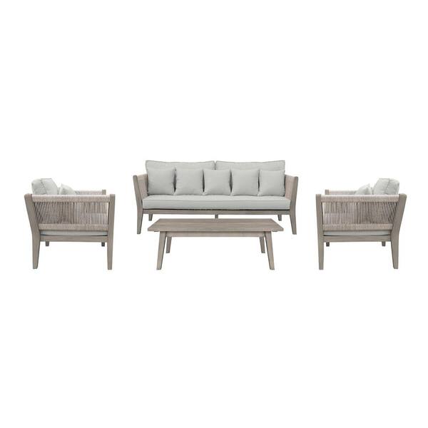 Armen Living Condesa Grey 4-Piece Acacia Wood Patio Conversation Set with Grey Cushions