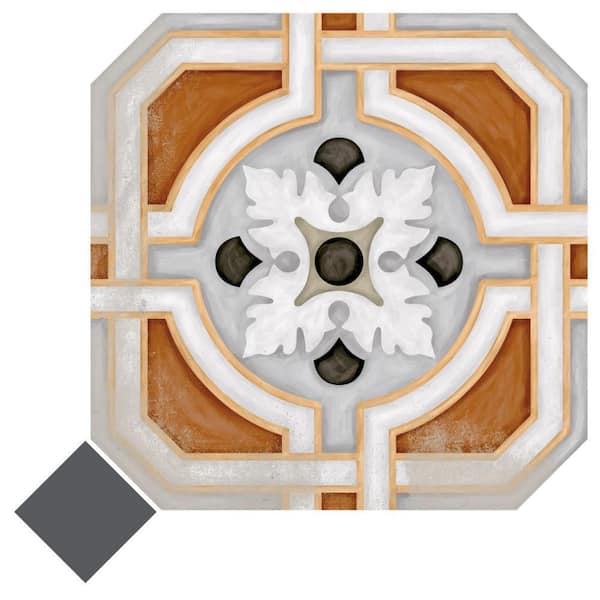Merola Tile Vaudeville Octagon Deco Zimer with Taco Antracita 8 in. x 8 in. Porcelain Floor and Wall Take Home Tile Sample