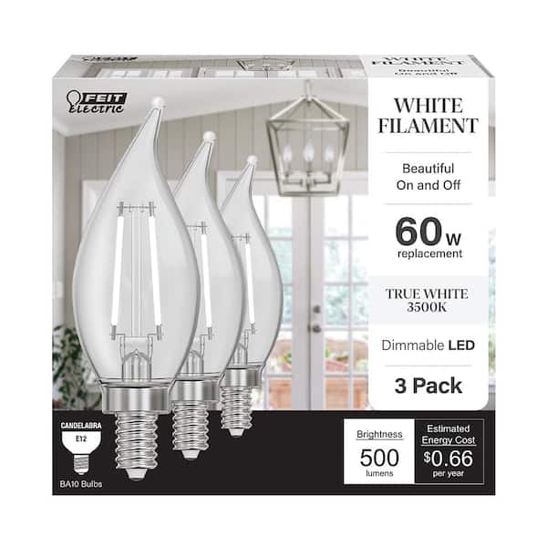Feit Electric 60W Equivalent BA10 E12 Candelabra Dim White Filament Clear Glass Chandelier LED Light Bulb True White 3500K (3-Pack)