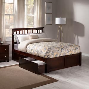Mission Walnut Brown Solid Wood Frame Full Platform Bed with Footboard and Storage Drawers