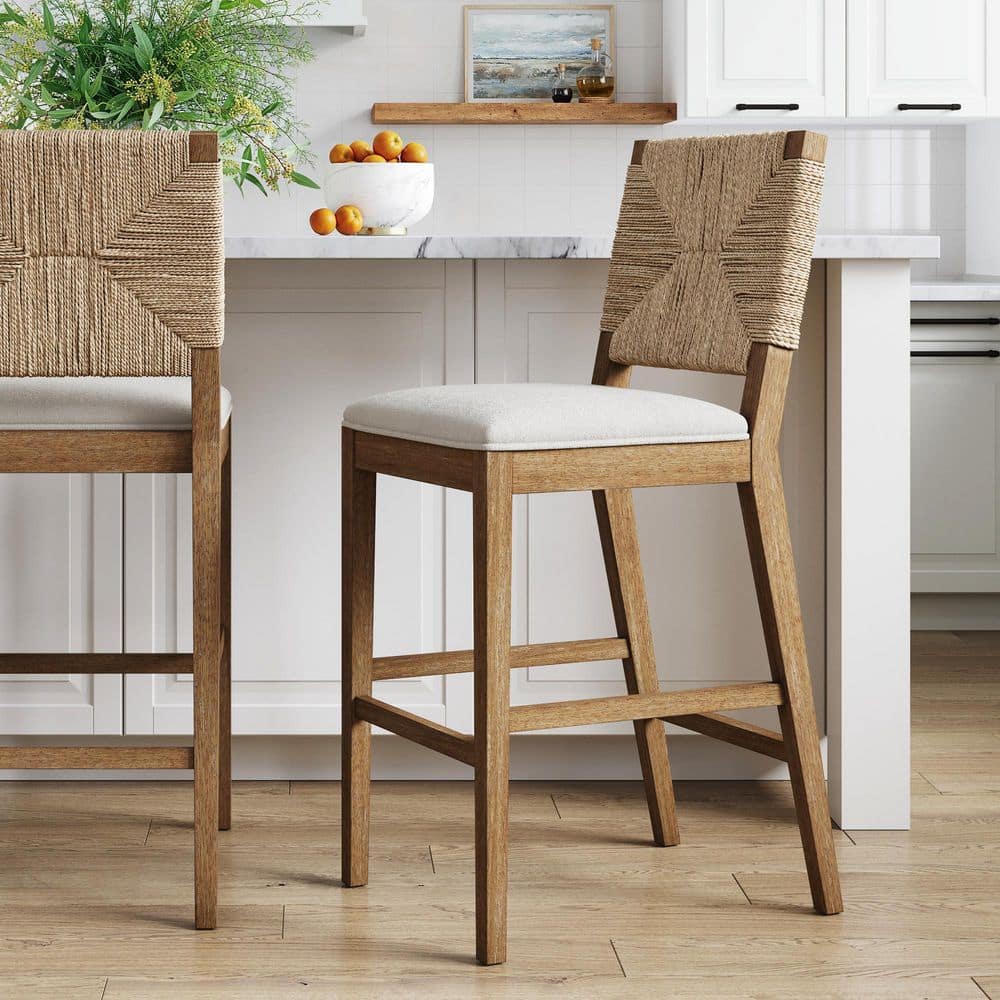 Beacon 29 in. Bohemian Boucle Upholstered Wood Bar Height Bar Stool w/Woven Back, Cream Boucle/Light Brown