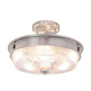13 in. 3-Light Brushed Nickel Semi-Flush Mount with Patterned Glass Shade
