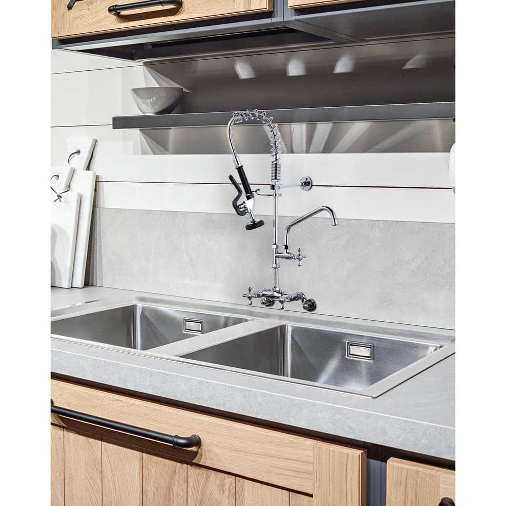 26-Inch Chrome Wall Mount Commercial Kitchen Faucet with Pull-Down Spray