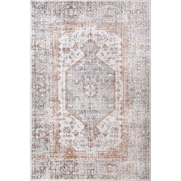 Iana Medallion SplashGuard Machine Washable Area Light Grey 5 ft. x 7 ft. Indoor Area Rug