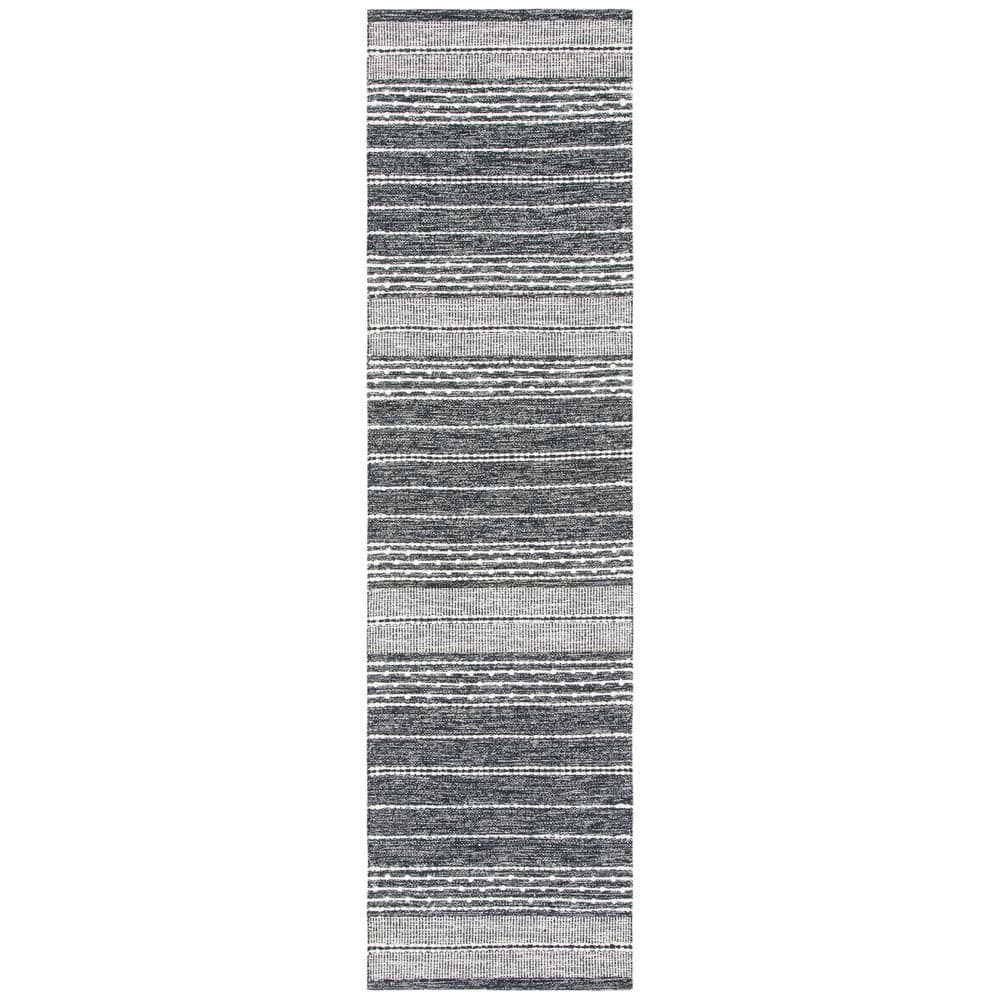 Black and Ivory Striped Wool Cotton Runner Rug