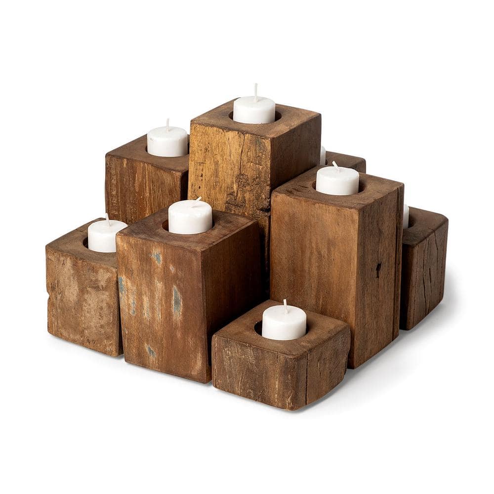 Rustic Honey Brown Wood Block Candelabra