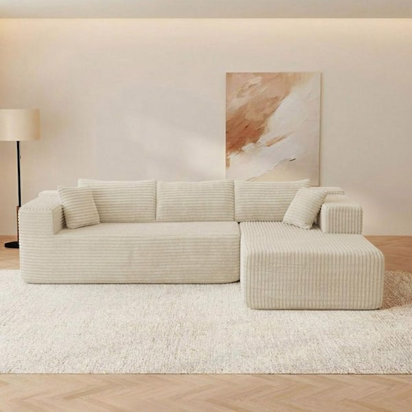 106 in. Rectangle Arm 2-Piece Corduroy Upholstery L-Shaped Sectional Sofa with Compression Foam Construction in Beige