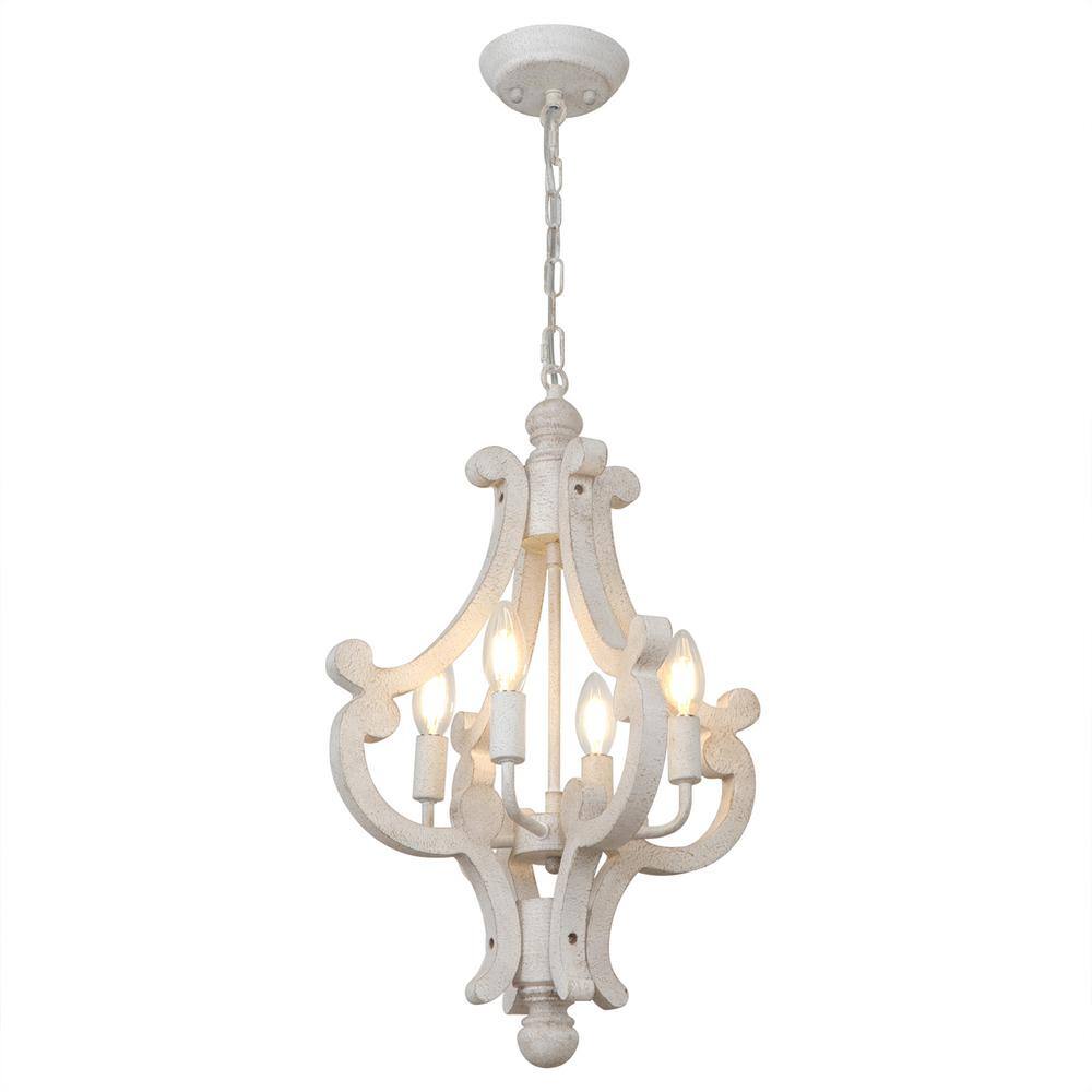 4-Light Distressed White Farmhouse Cage Rustic Wood Chandelier for Kitchen 
