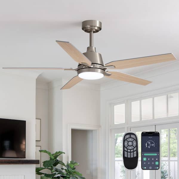ANTOINE 52 in. Smart Indoor Brushed Nickel Low Profile Ceiling Fan with 3-Color Dimmable LED Light and Remote APP Control
